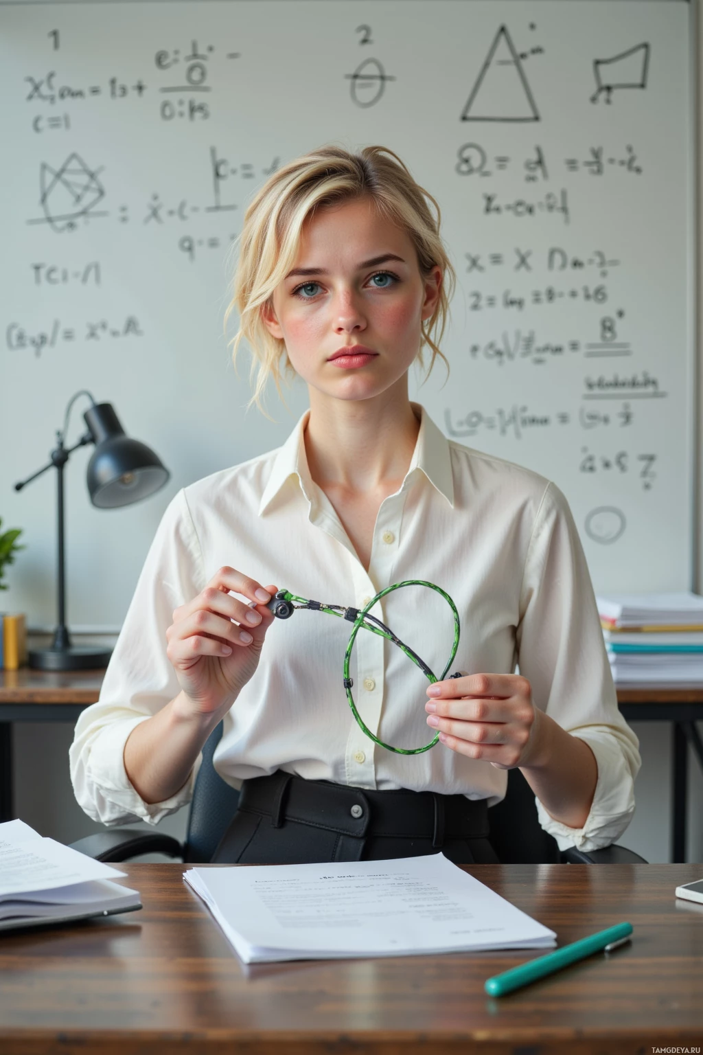 A person in a white shirt holds a green circular object in front of a whiteboard with mathematical equations.