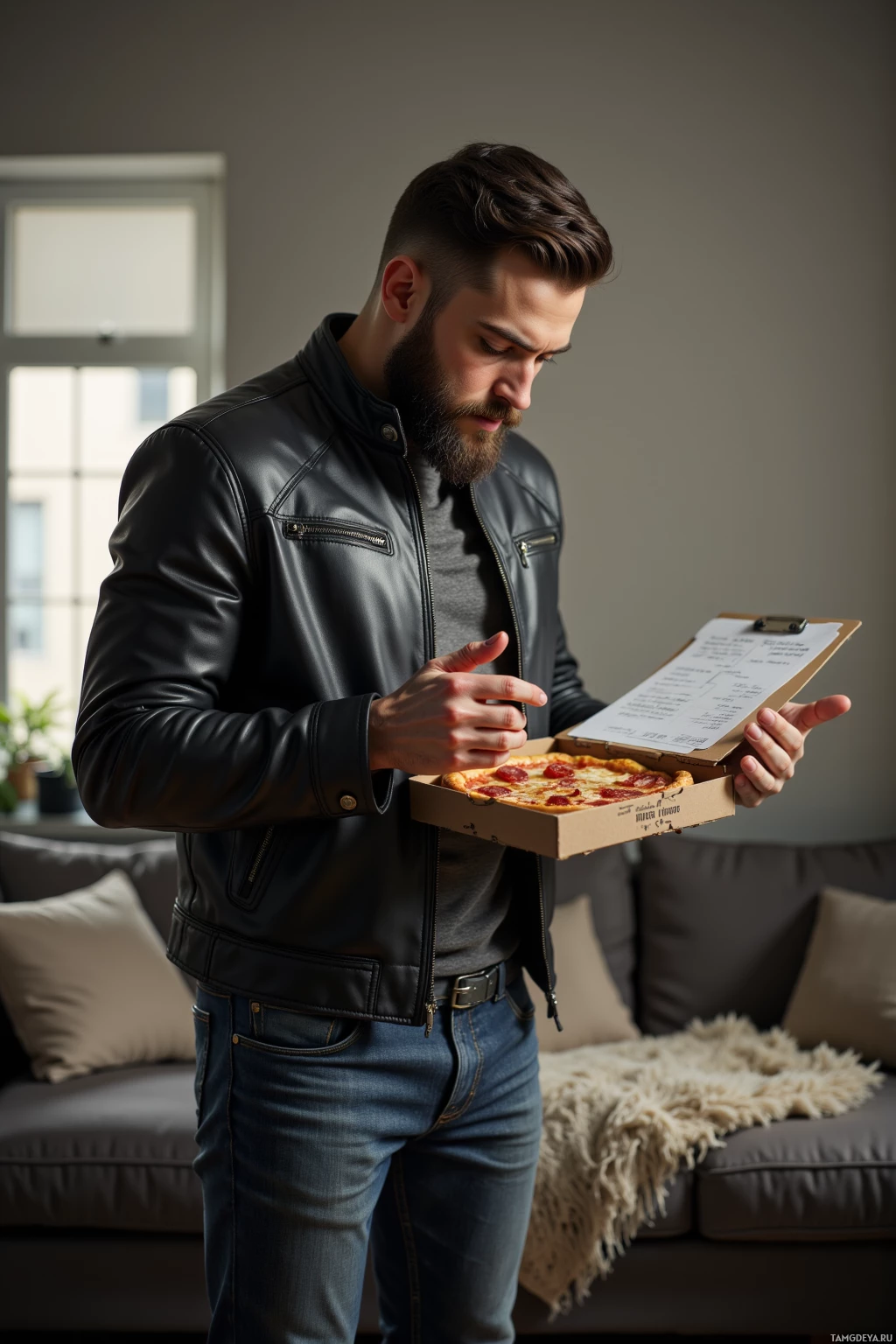 A man in a leather jacket holds a pizza box and a clipboard in a living room.