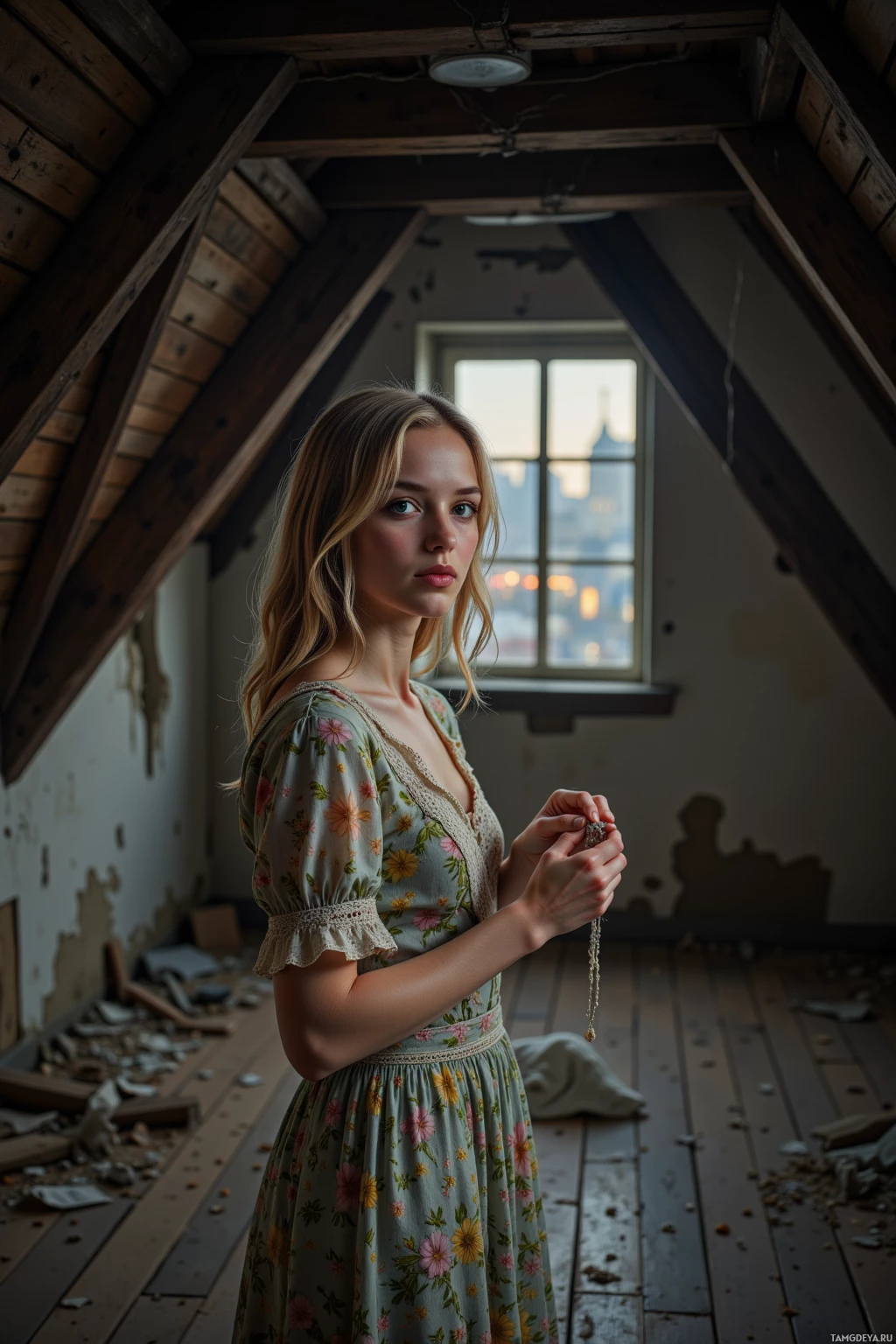 A woman in a floral dress stands in a rustic attic room with a window in the background.