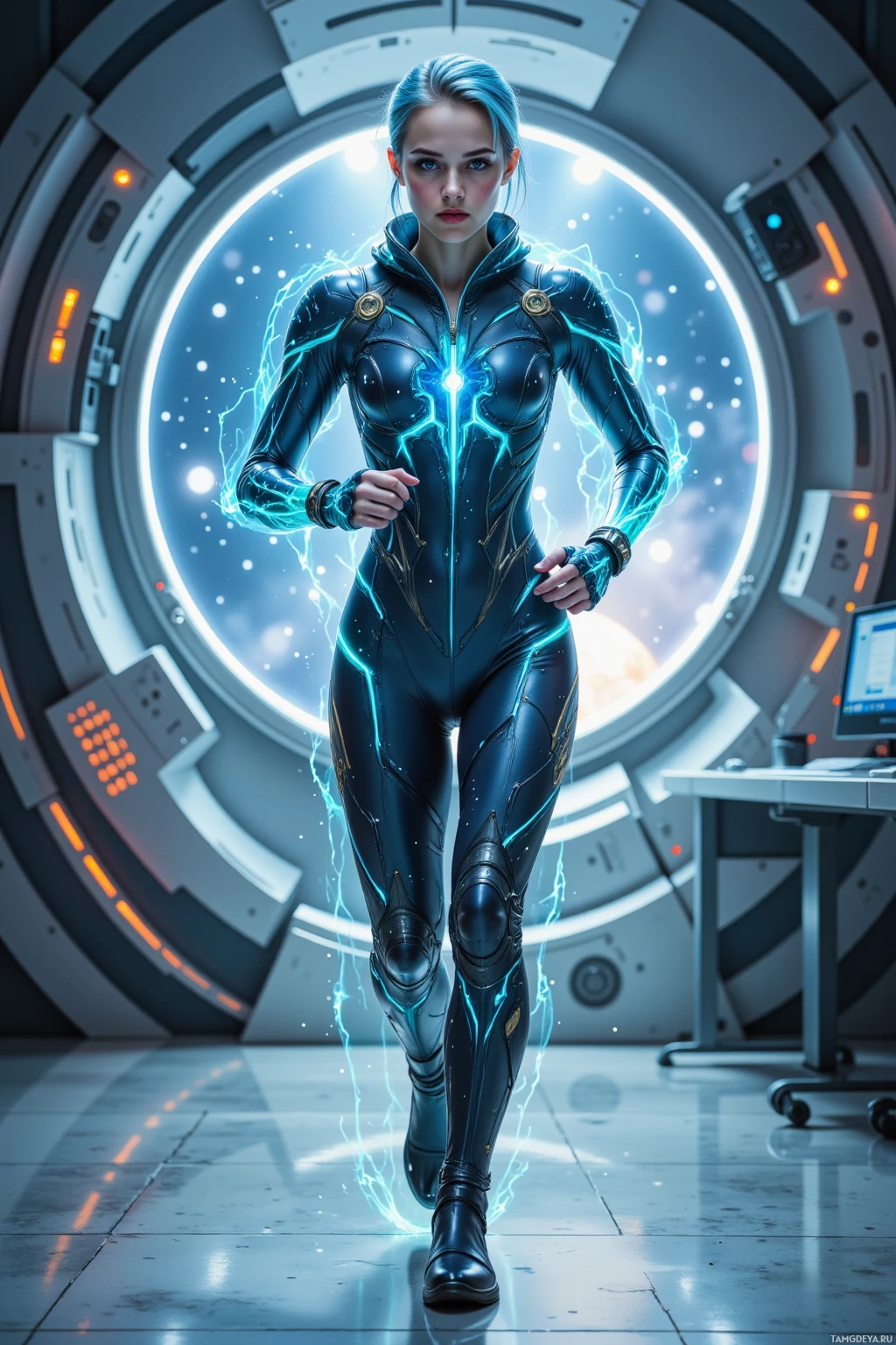A futuristic woman in a sleek, metallic suit with glowing blue energy effects stands in a high-tech environment.