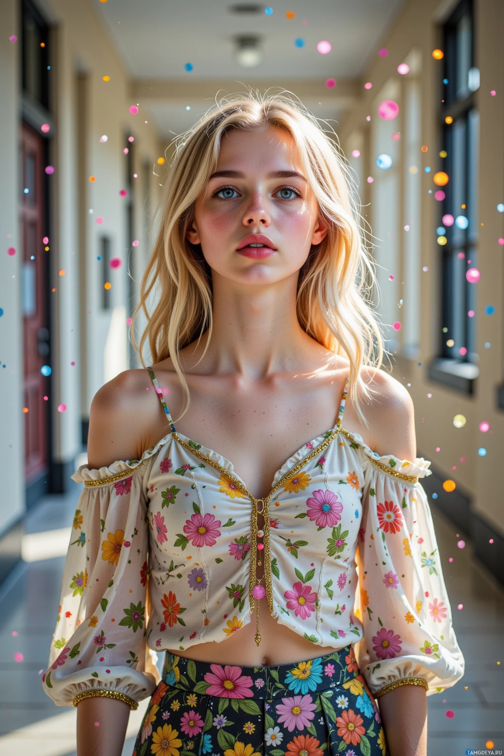A woman stands in a hallway wearing a floral off-the-shoulder top and skirt.