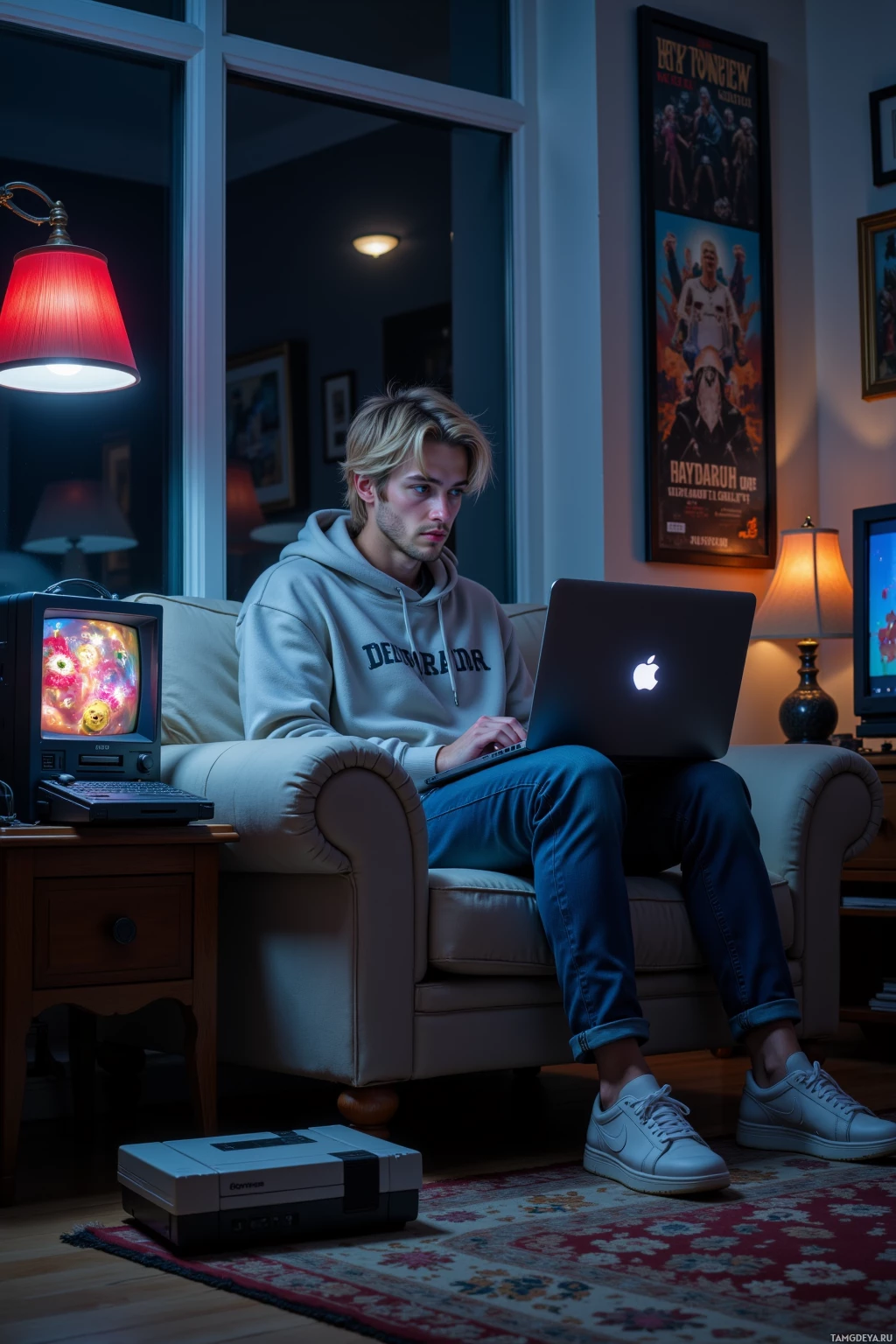 A person sits on a couch in a dimly lit room, using a laptop with a retro-style television and game console nearby.