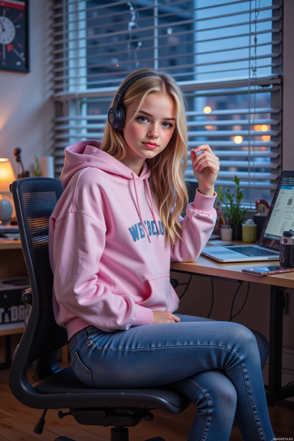 A person wearing a pink hoodie and jeans sits at a desk with a laptop and headphones, in a room with blinds and a clock on the wall.