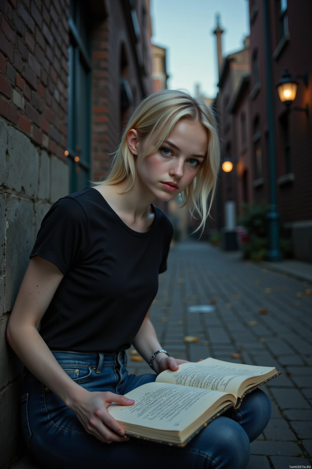 A person sits on a cobblestone street, reading an open book.