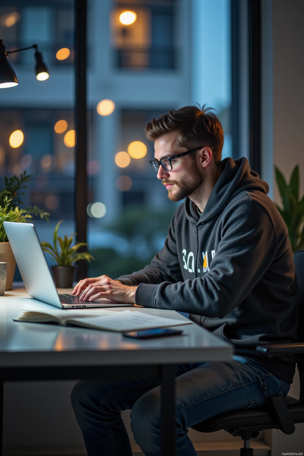 A man wearing glasses and a hoodie works on a laptop in a dimly lit office.