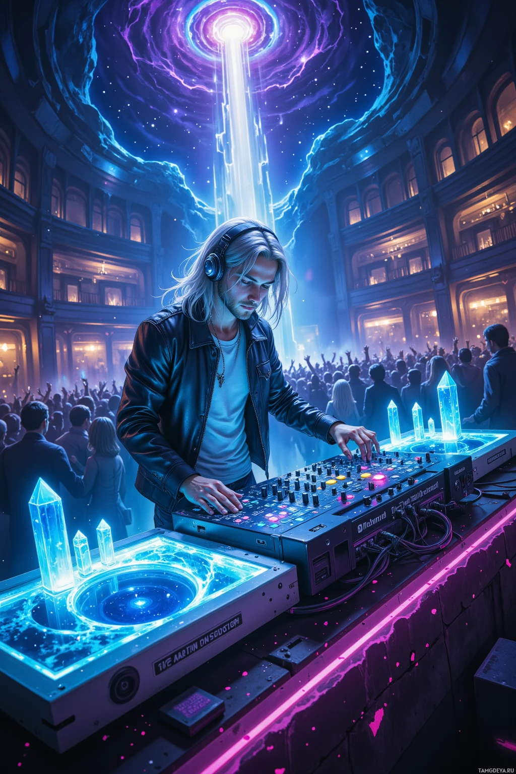 A DJ performs at a vibrant, futuristic nightclub with glowing crystals and neon lights.