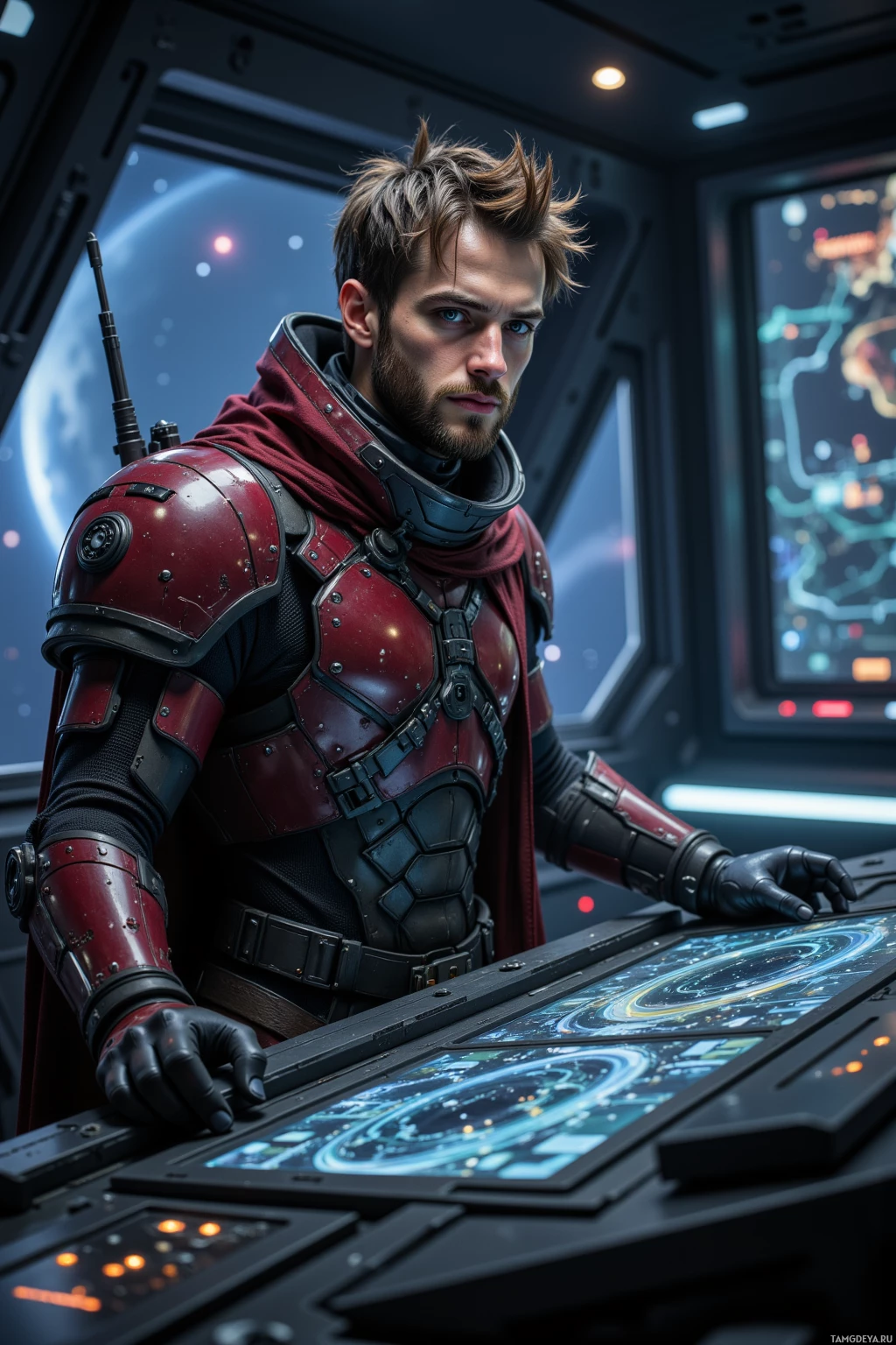 A person in futuristic armor stands at a control panel in a spacecraft.