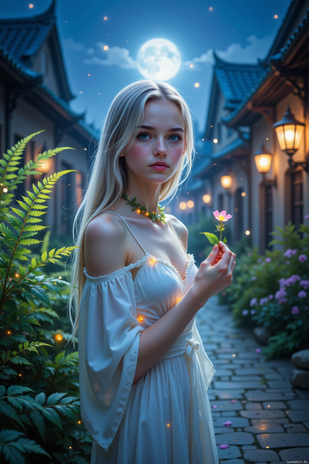 A woman in a white dress holds a flower in a serene garden at night.