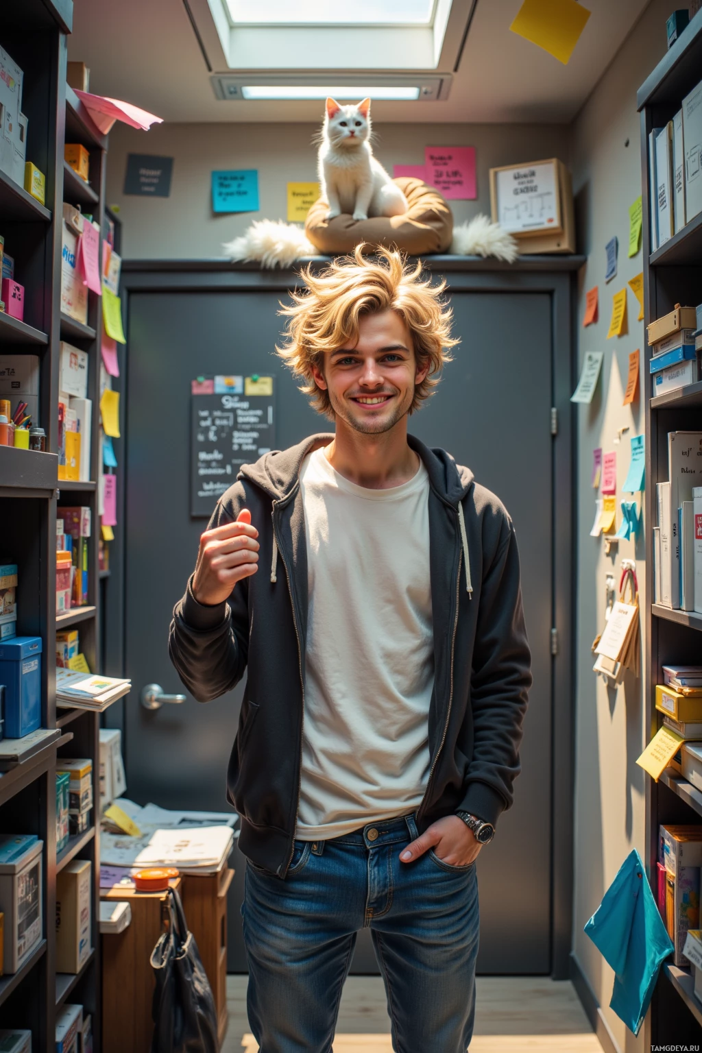 A person stands in a room with bookshelves, holding a small object in their hand.