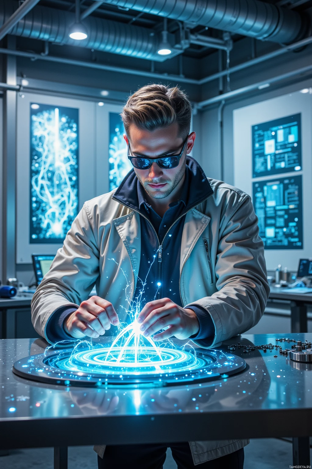 A person in a lab setting interacts with a glowing, futuristic device on a table.