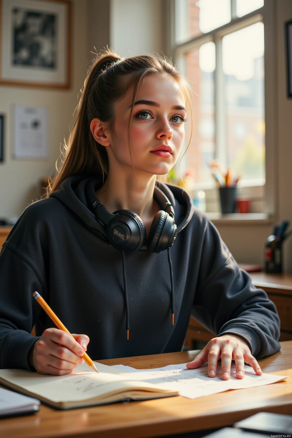 A young person wearing a hoodie and headphones is sitting at a desk, writing in a notebook.