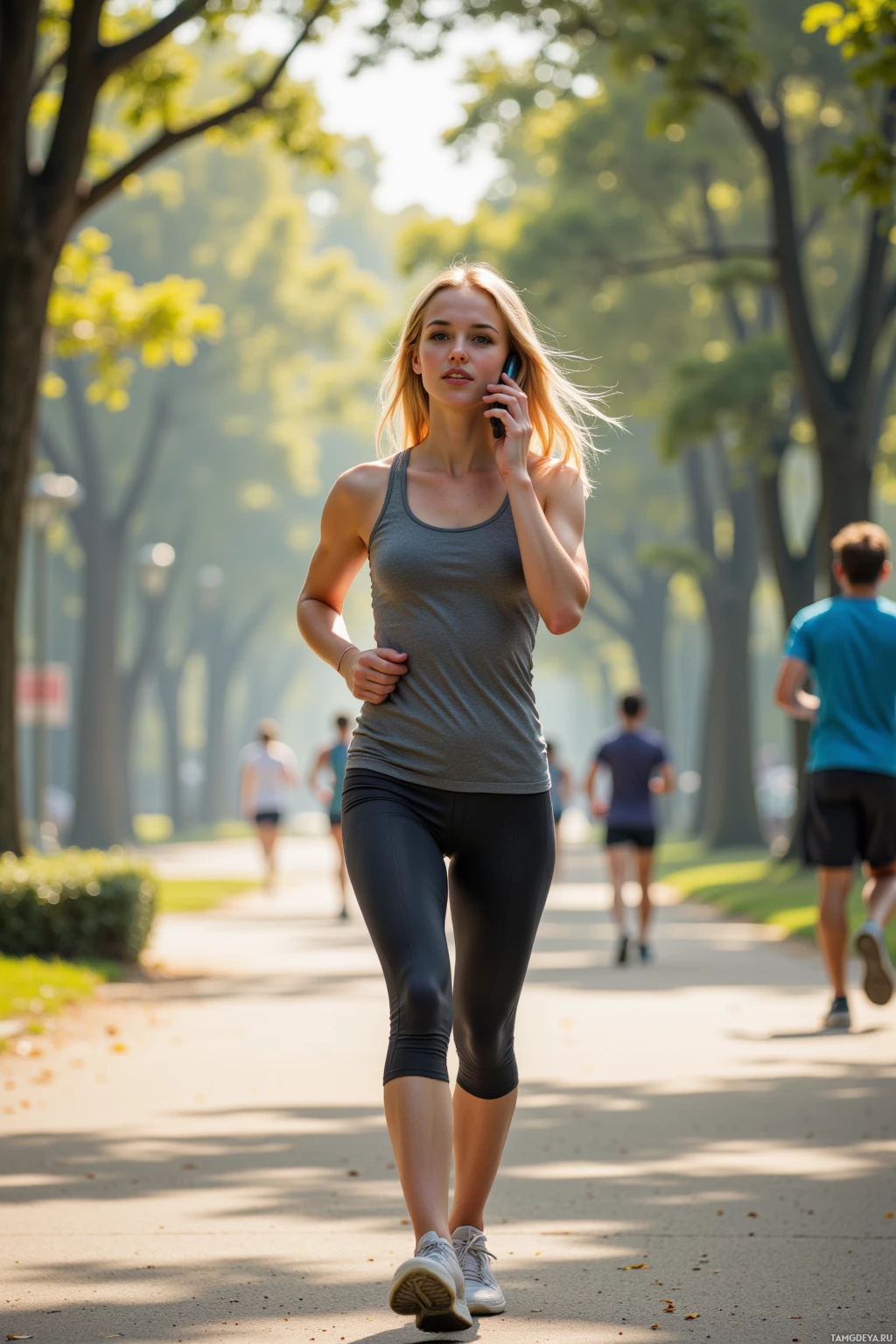 A woman jogs in a park while talking on her phone.