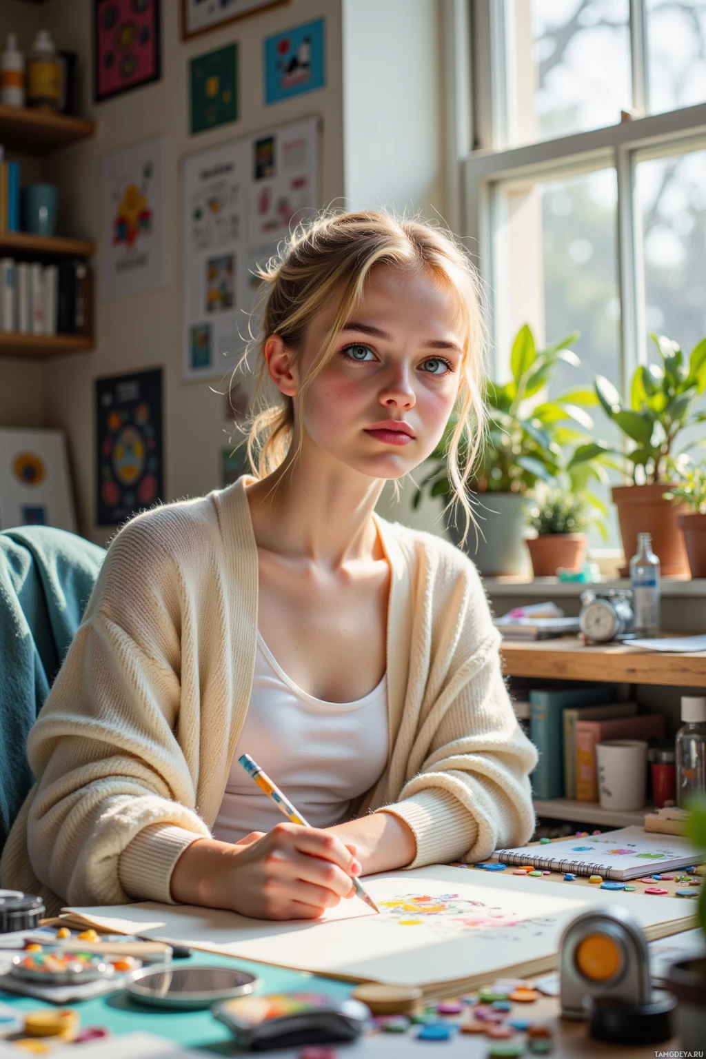 A young woman is sitting at a desk in a well-lit room, holding a pencil and looking at the camera.