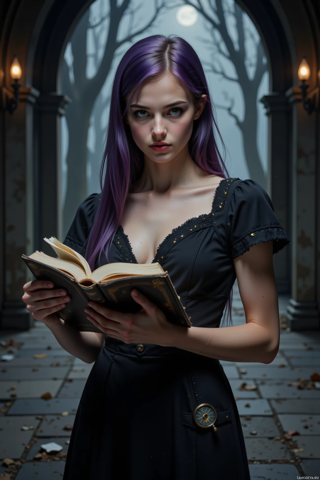 A woman with purple hair in a black dress holds an open book, standing in a dimly lit archway.