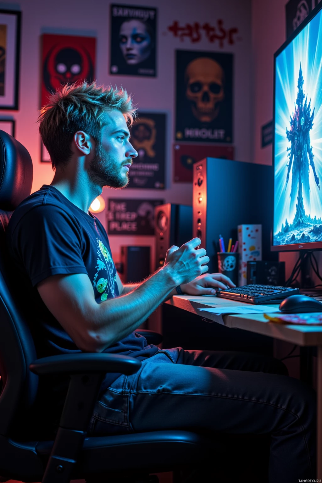 A person sits in a gaming chair in a dimly lit room, focused on a computer screen displaying a bright, glowing image.