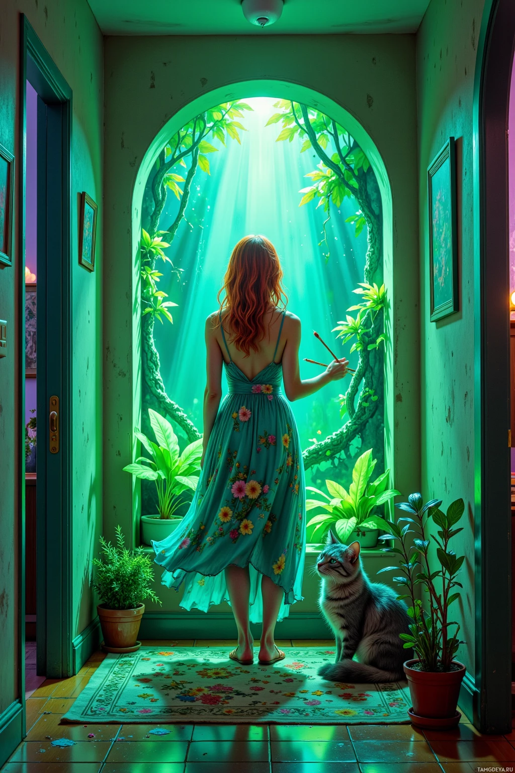 A woman in a floral dress stands in a doorway, gazing at a lush, sunlit forest scene.