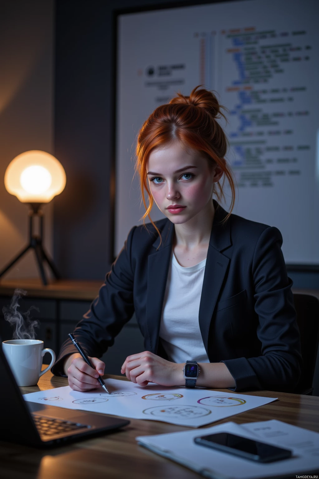A woman in a professional setting, working at a desk with a laptop, papers, and a coffee mug.