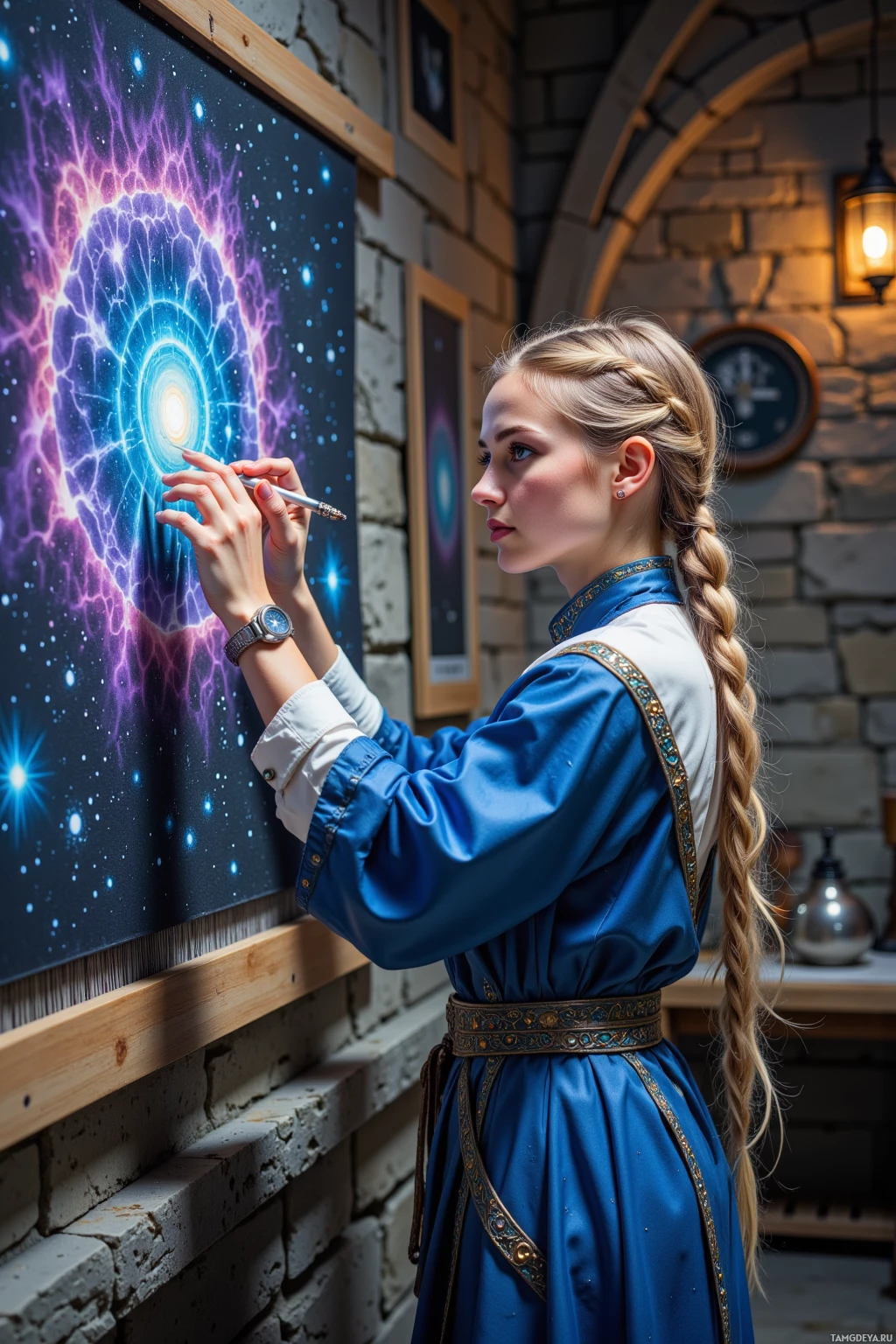 A woman in a blue dress is drawing a cosmic, starburst design on a canvas.
