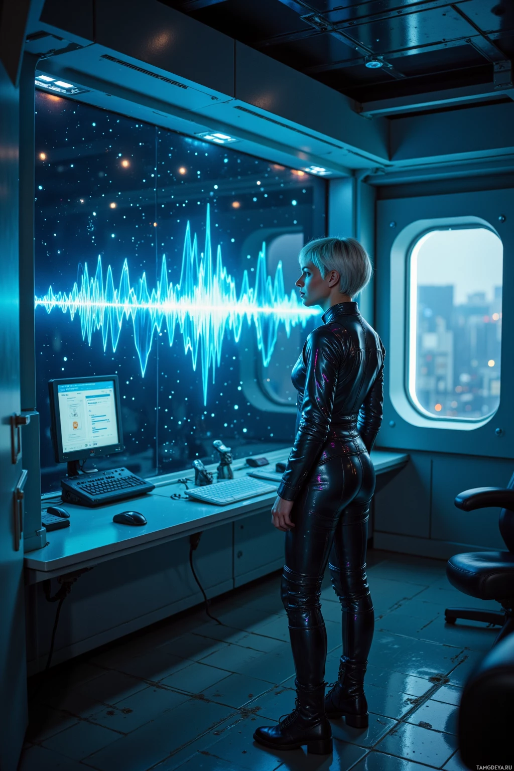 A person in a futuristic setting stands in front of a large screen displaying a digital waveform, with a cityscape visible through a window.