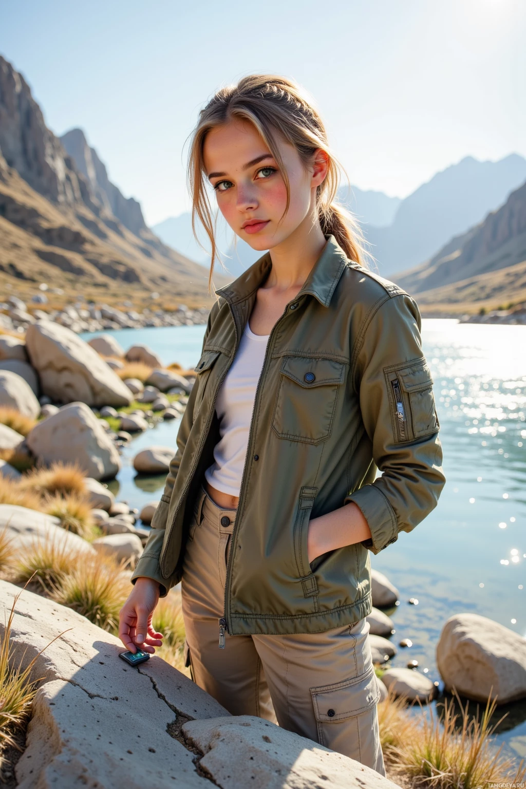 A person stands by a serene lake with mountains in the background, wearing a green jacket and beige pants.
