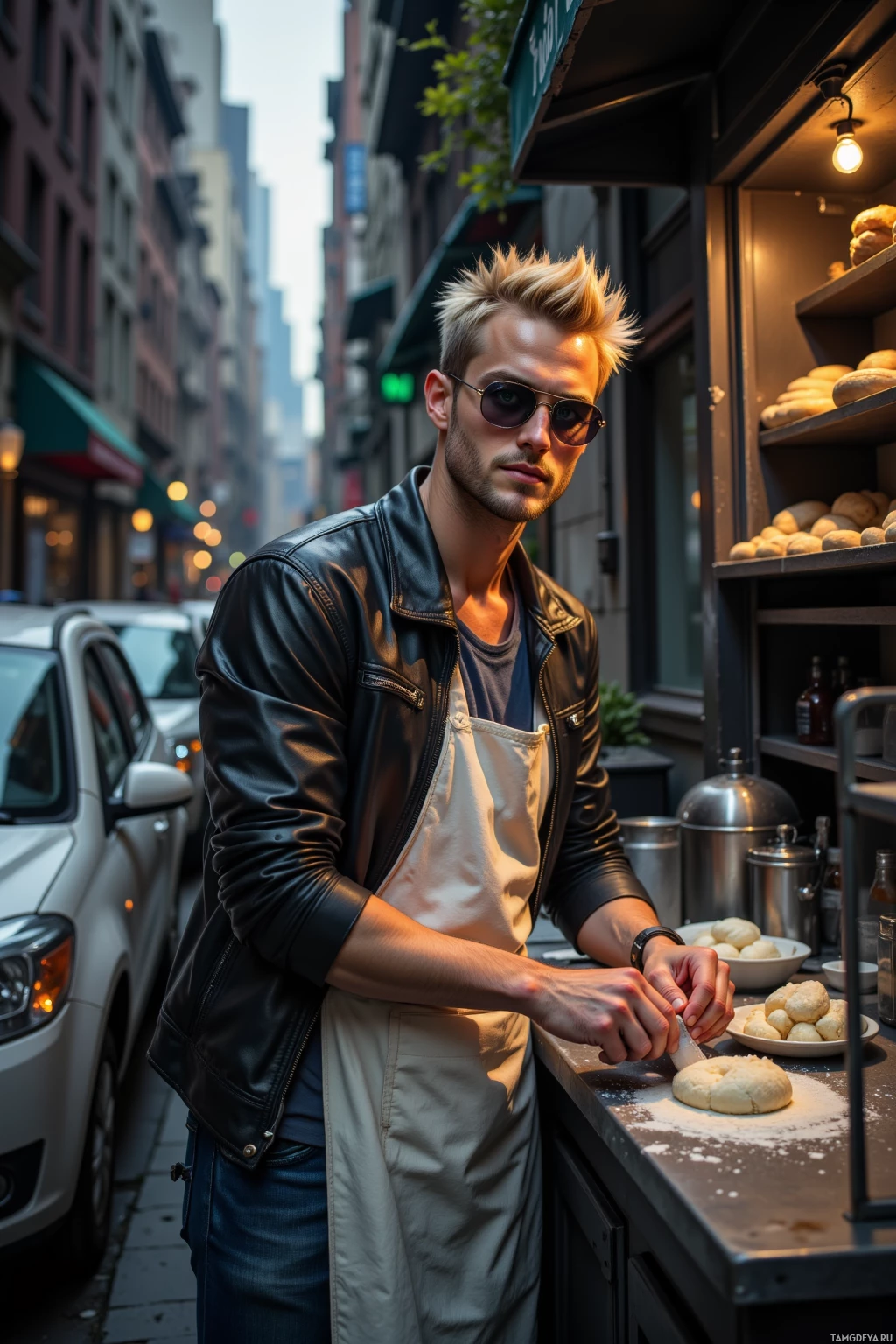 A man in a leather jacket and apron prepares food at a street food stall.