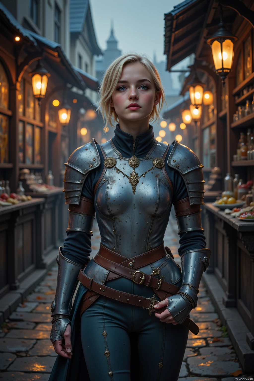 A woman in medieval armor stands in a dimly lit alleyway.