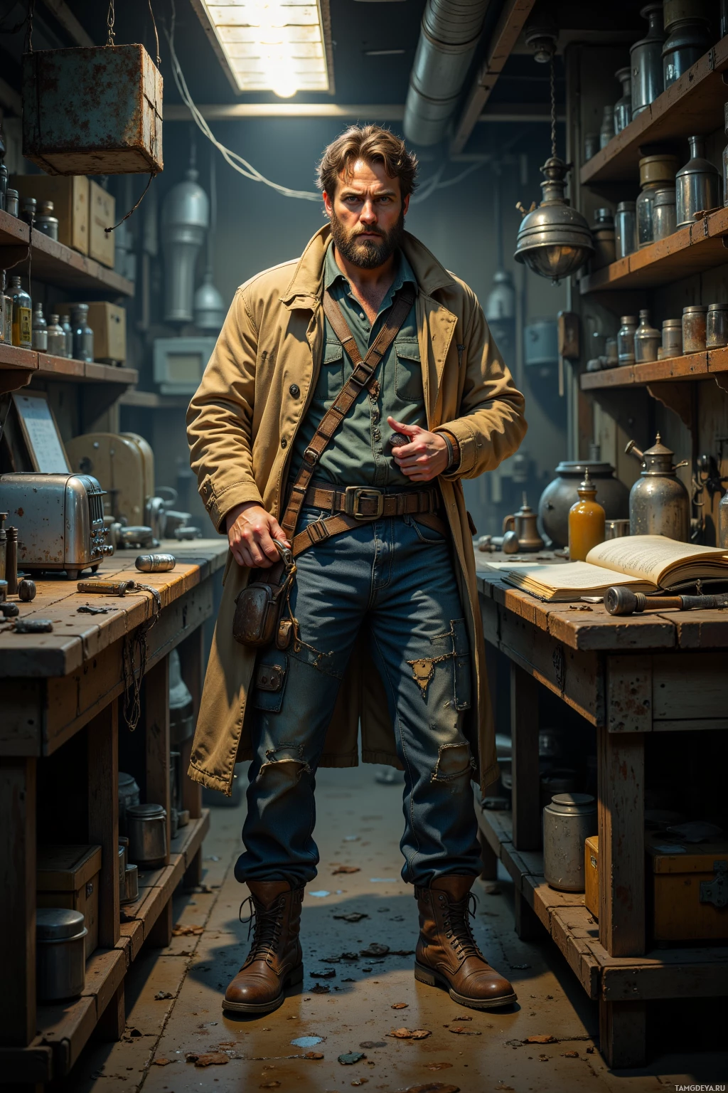 A man in a rugged outfit stands in a dimly lit workshop.