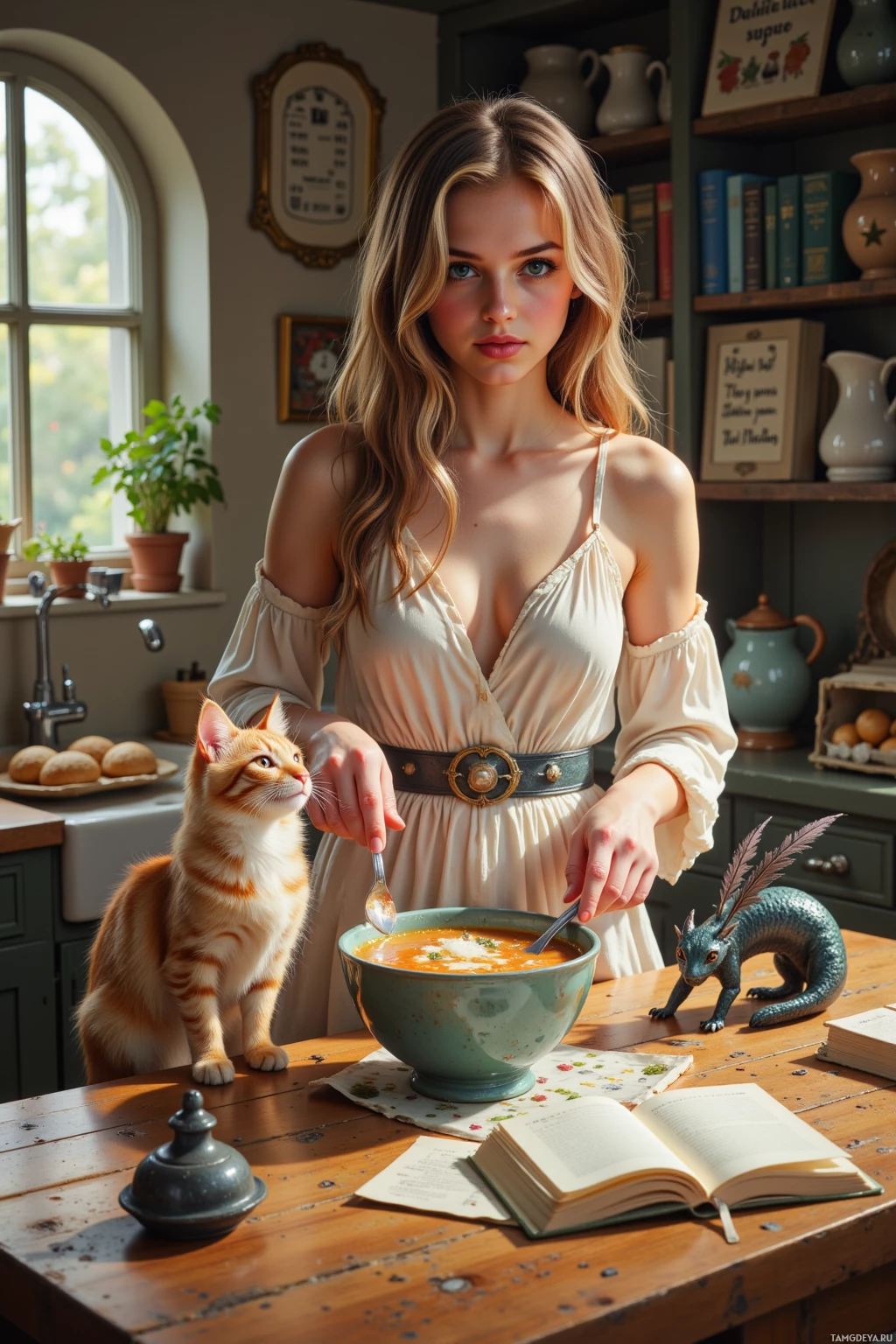 A woman in a kitchen setting with a cat and a dragon figurine, holding a spoon over a bowl of soup.