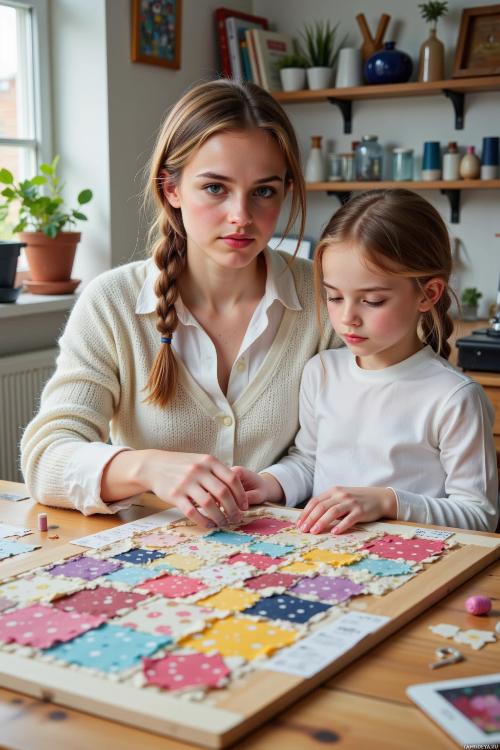 A woman and a young girl are working together on a colorful puzzle at a table.