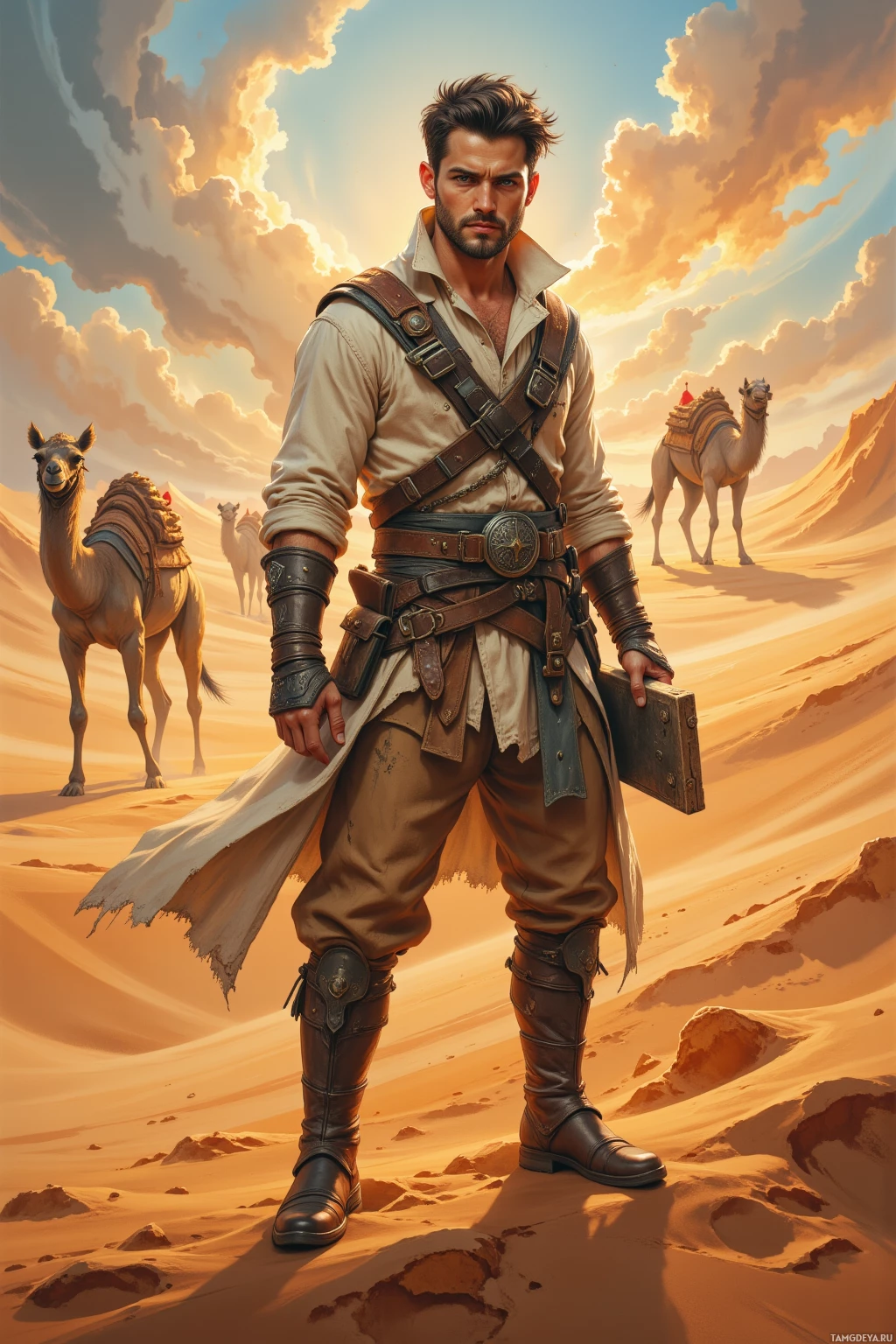 A man in a desert setting with camels, wearing a rugged outfit and holding a book.