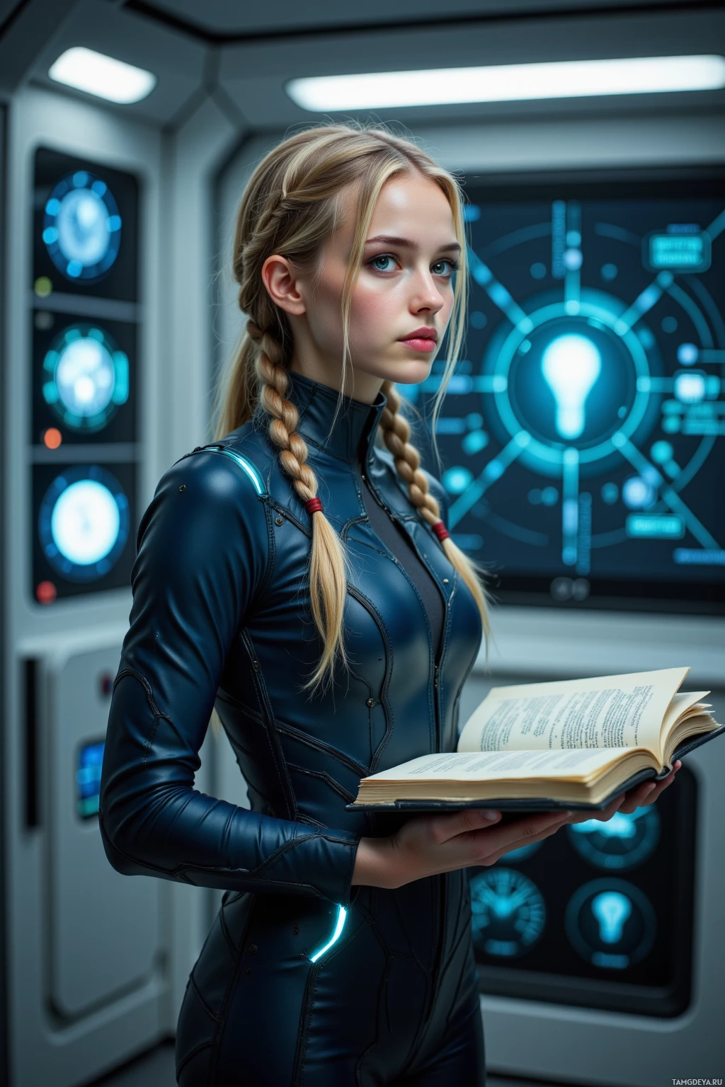 A person in a futuristic outfit holds an open book in a high-tech environment.