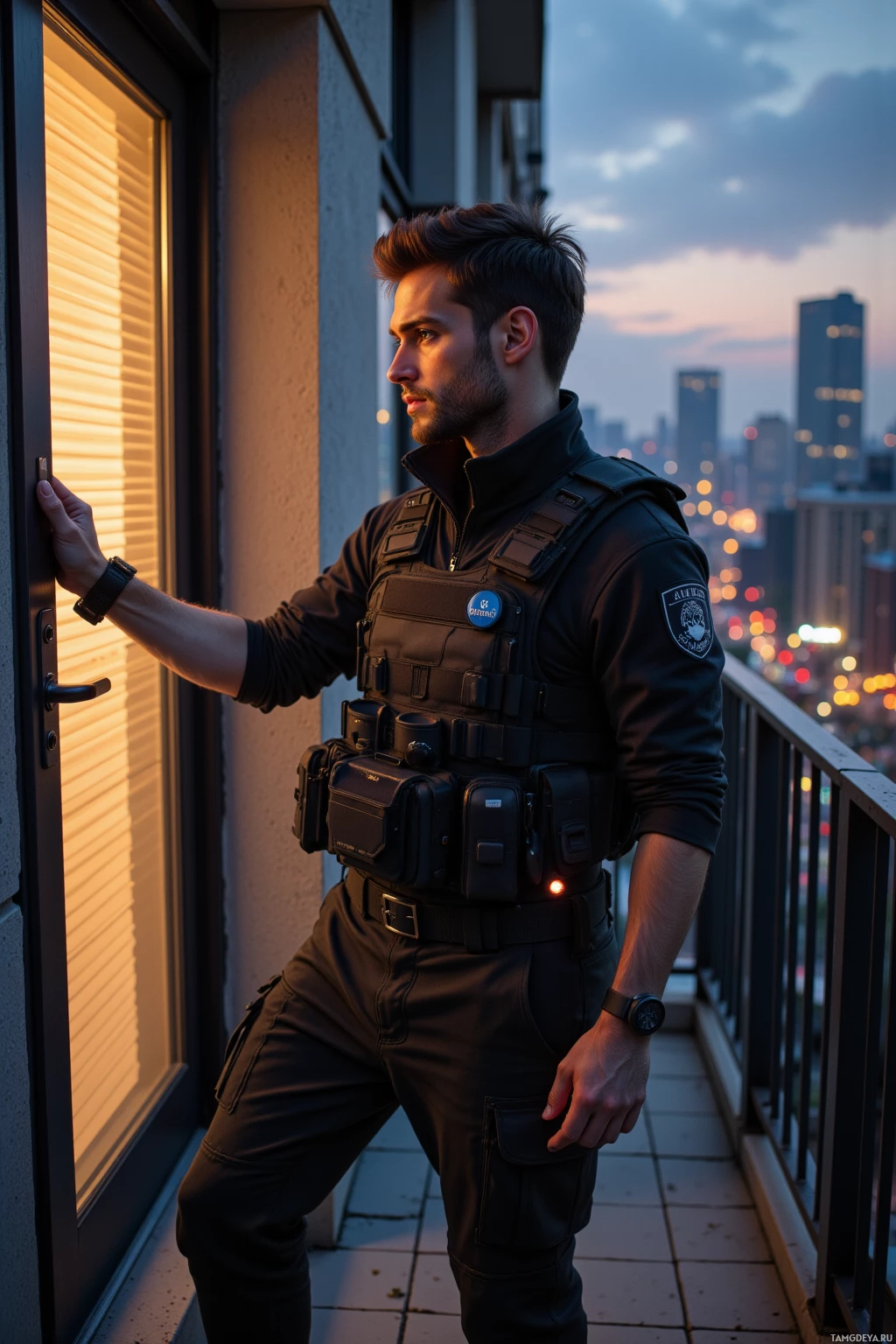 A man in tactical gear stands on a balcony overlooking a cityscape at dusk.