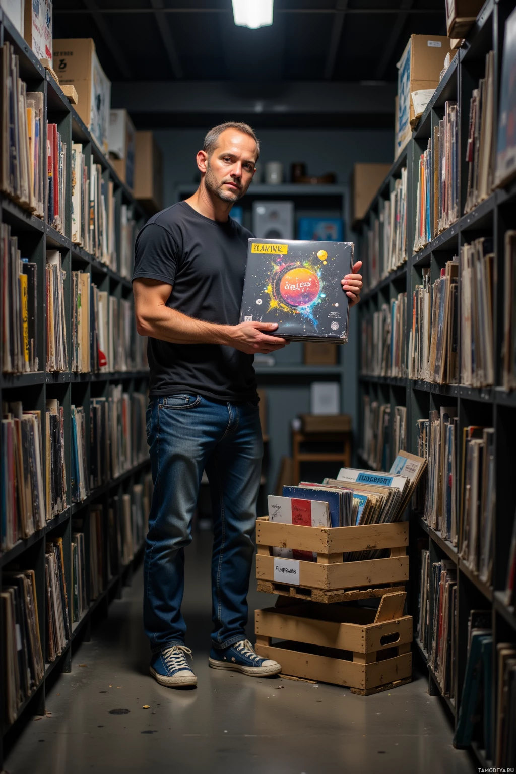 A man stands in a library aisle holding a vinyl record album.