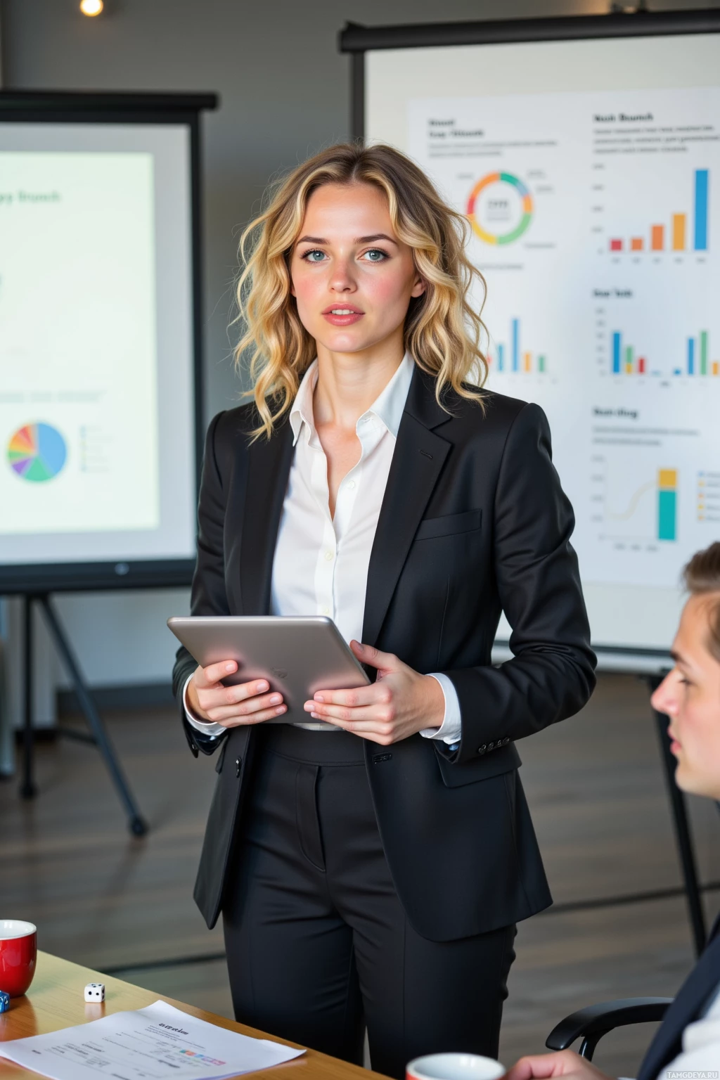A woman in a professional suit holds a tablet in a meeting room with a presentation screen in the background.