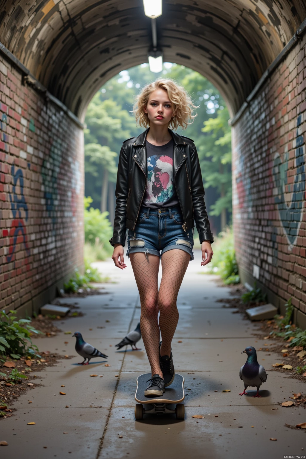 A person skateboarding through a tunnel with pigeons nearby.