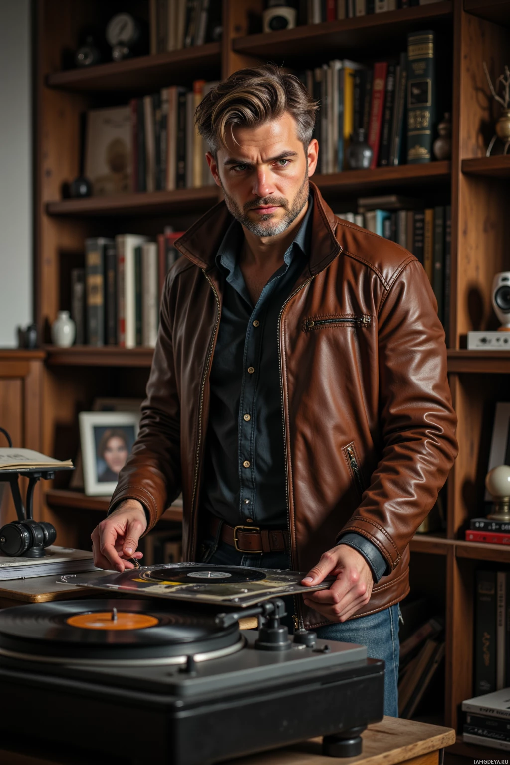 A man in a brown leather jacket stands in front of a record player, holding a vinyl record.