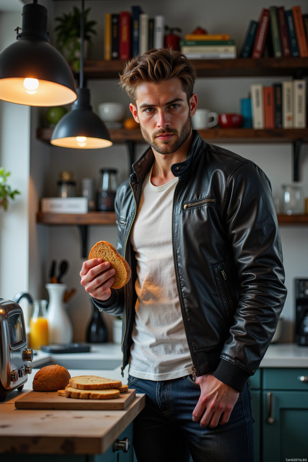 A man in a leather jacket holds a slice of bread in a kitchen setting.