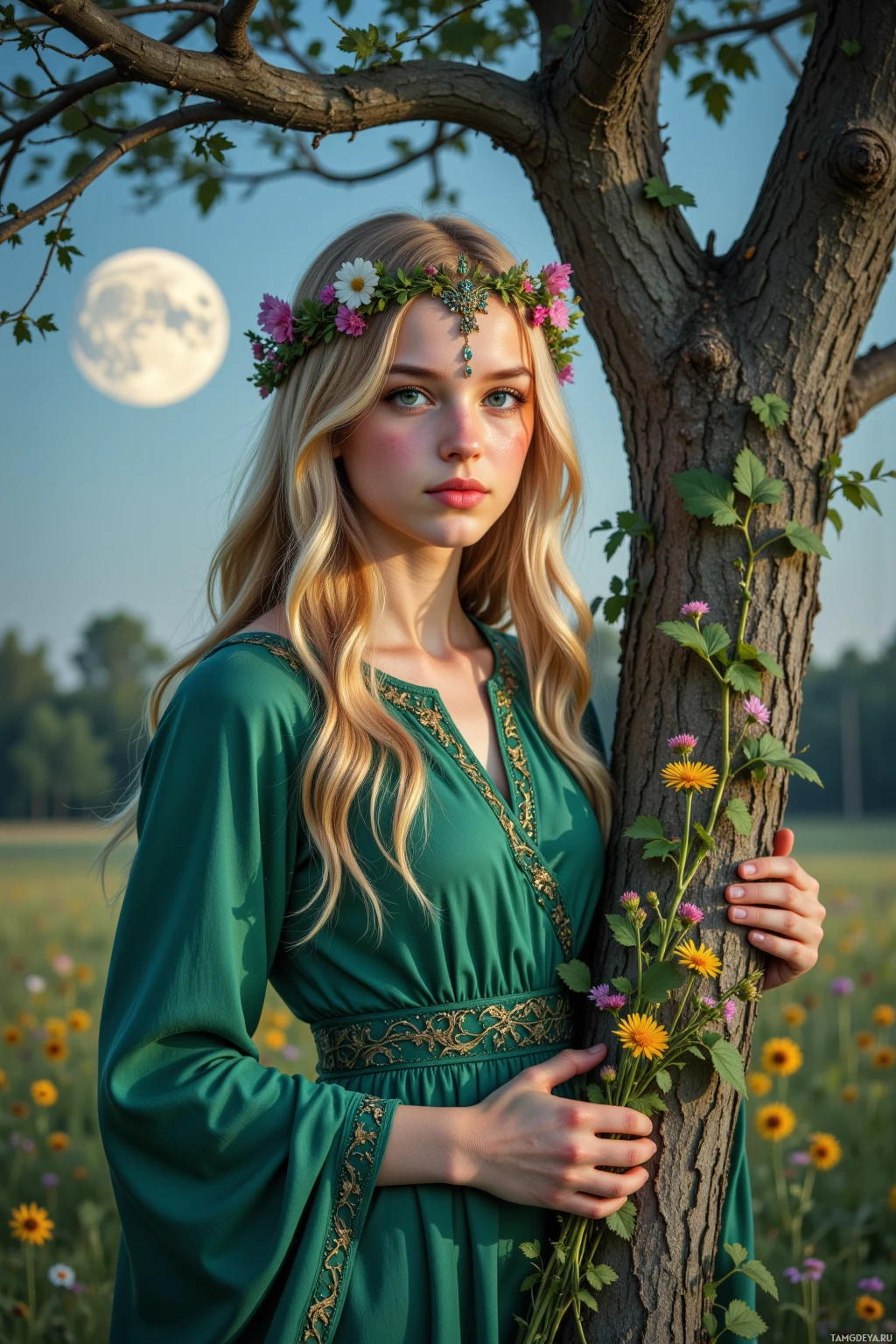 A woman in a green dress with a floral crown stands beside a tree in a field under a full moon.