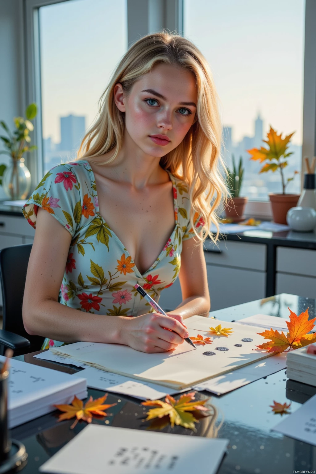 A woman sits at a desk, writing in a notebook with autumn leaves scattered around.