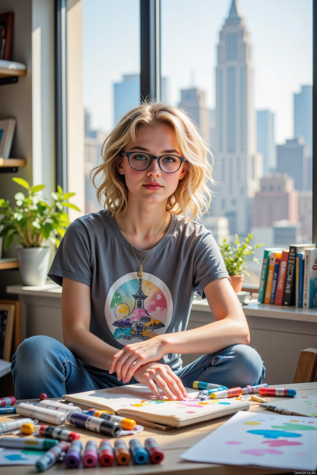 A person sits at a desk with art supplies, looking out a window with a cityscape view.