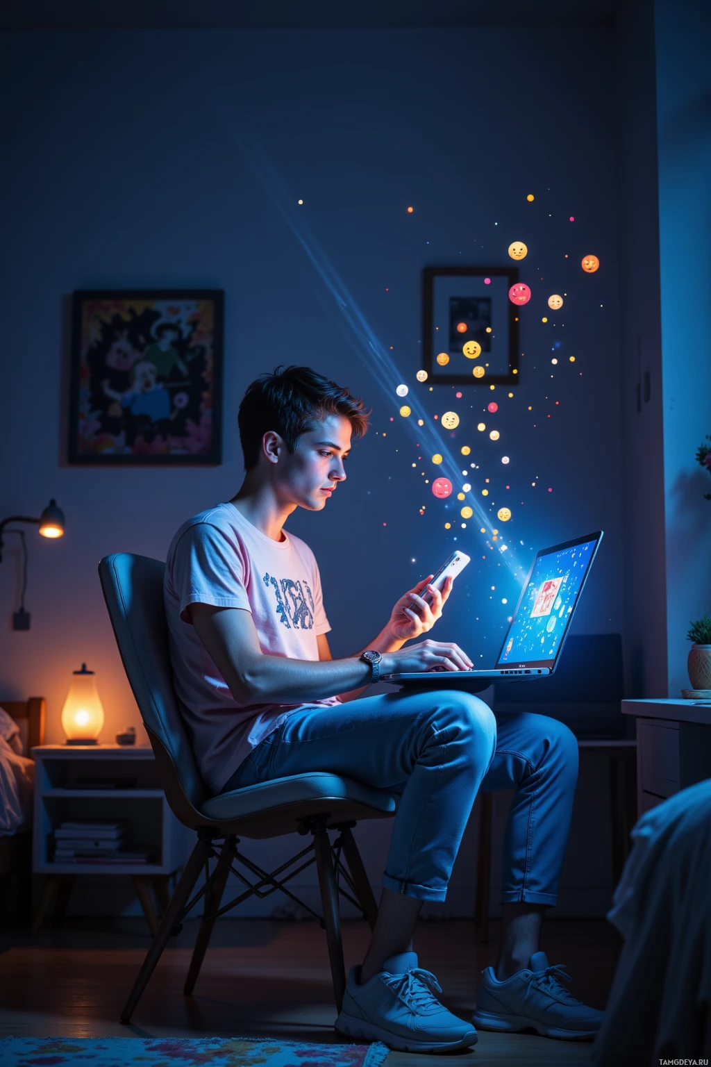 A person sits in a chair using a laptop and phone in a dimly lit room.