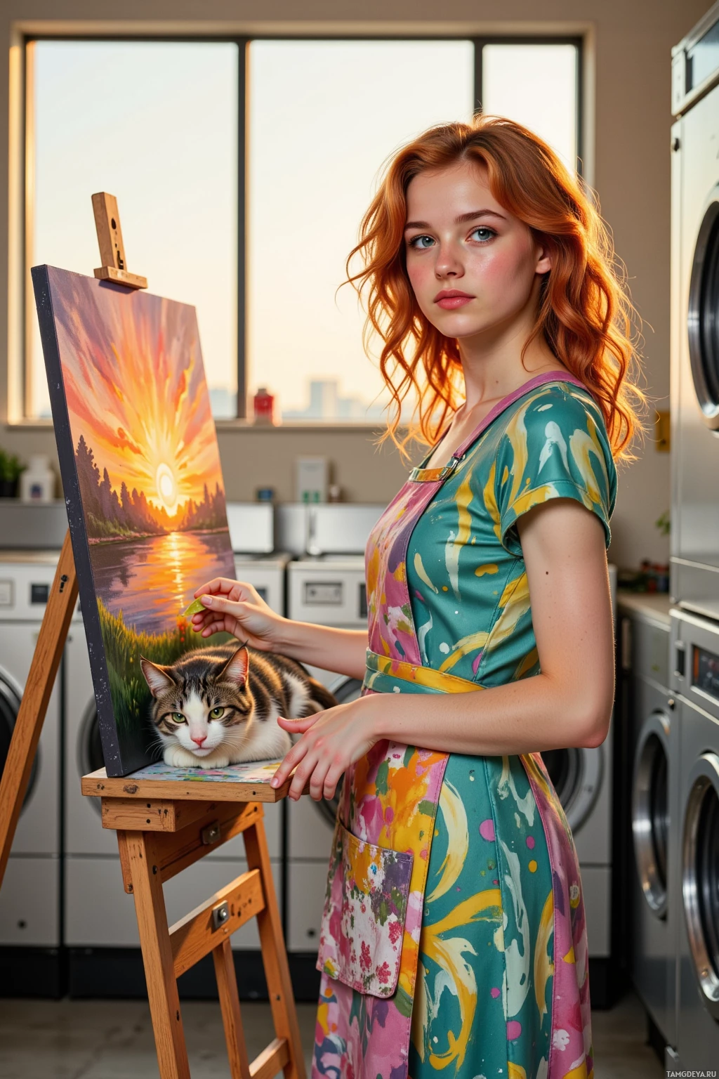 A woman in a colorful dress stands in a laundry room, holding a paintbrush near a canvas with a painting of a cat and a sunset.