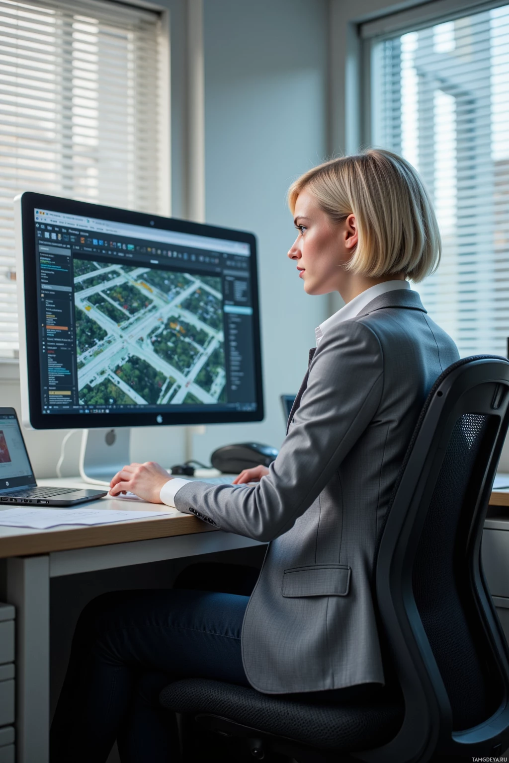 A woman in a suit works at a desk with a computer displaying a map and code.