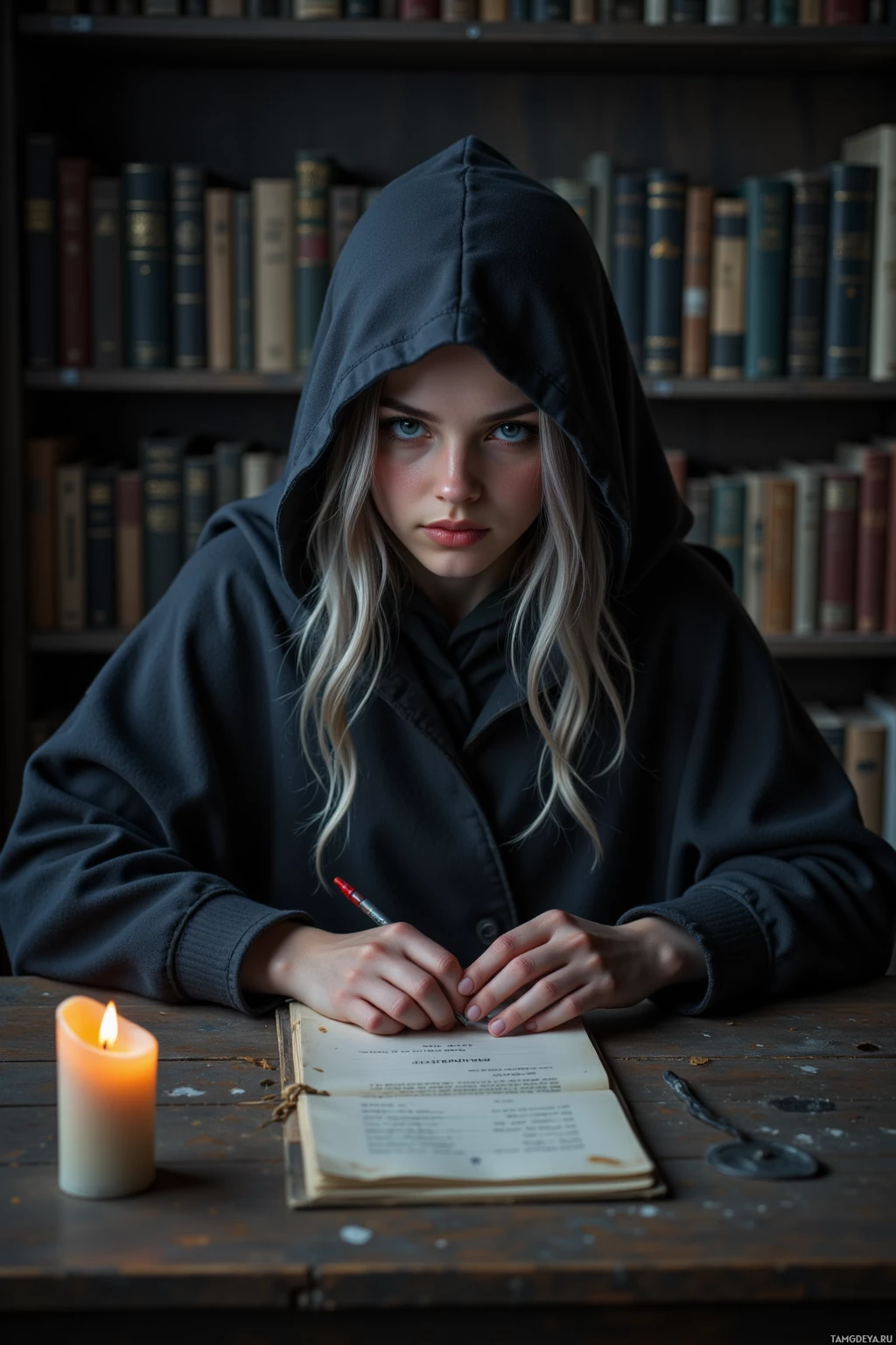 A person in a hooded cloak sits at a table with a lit candle, writing in a book.