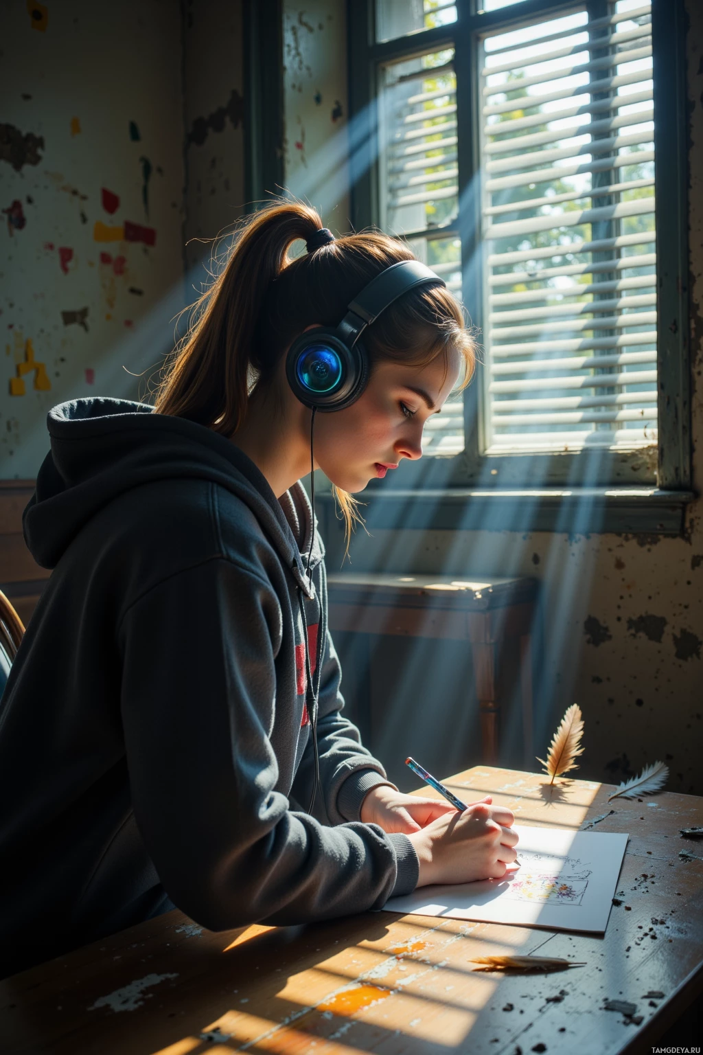 A person wearing headphones sits at a desk, drawing with a pen under sunlight streaming through a window.