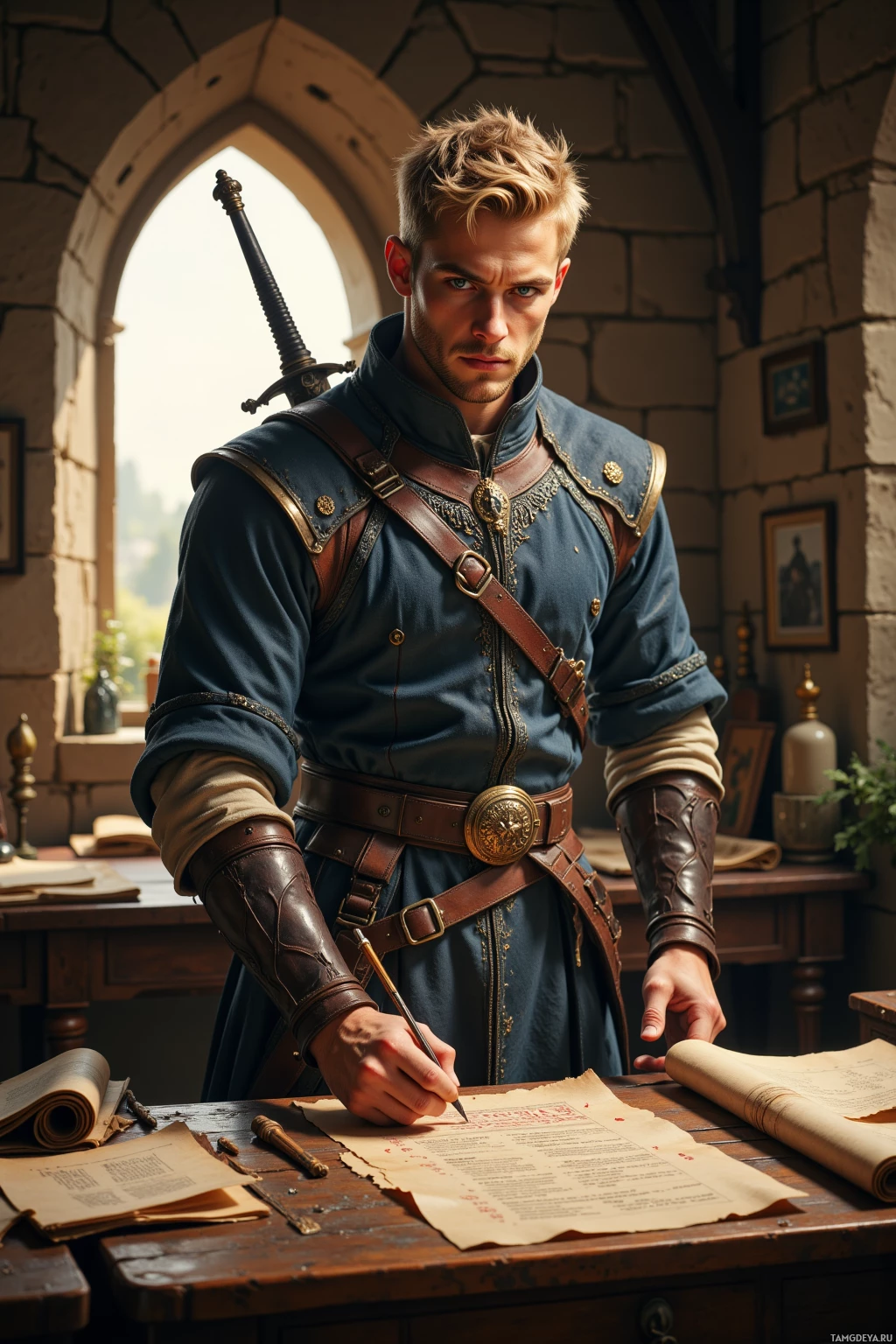 A man in medieval attire is writing on a parchment at a desk.