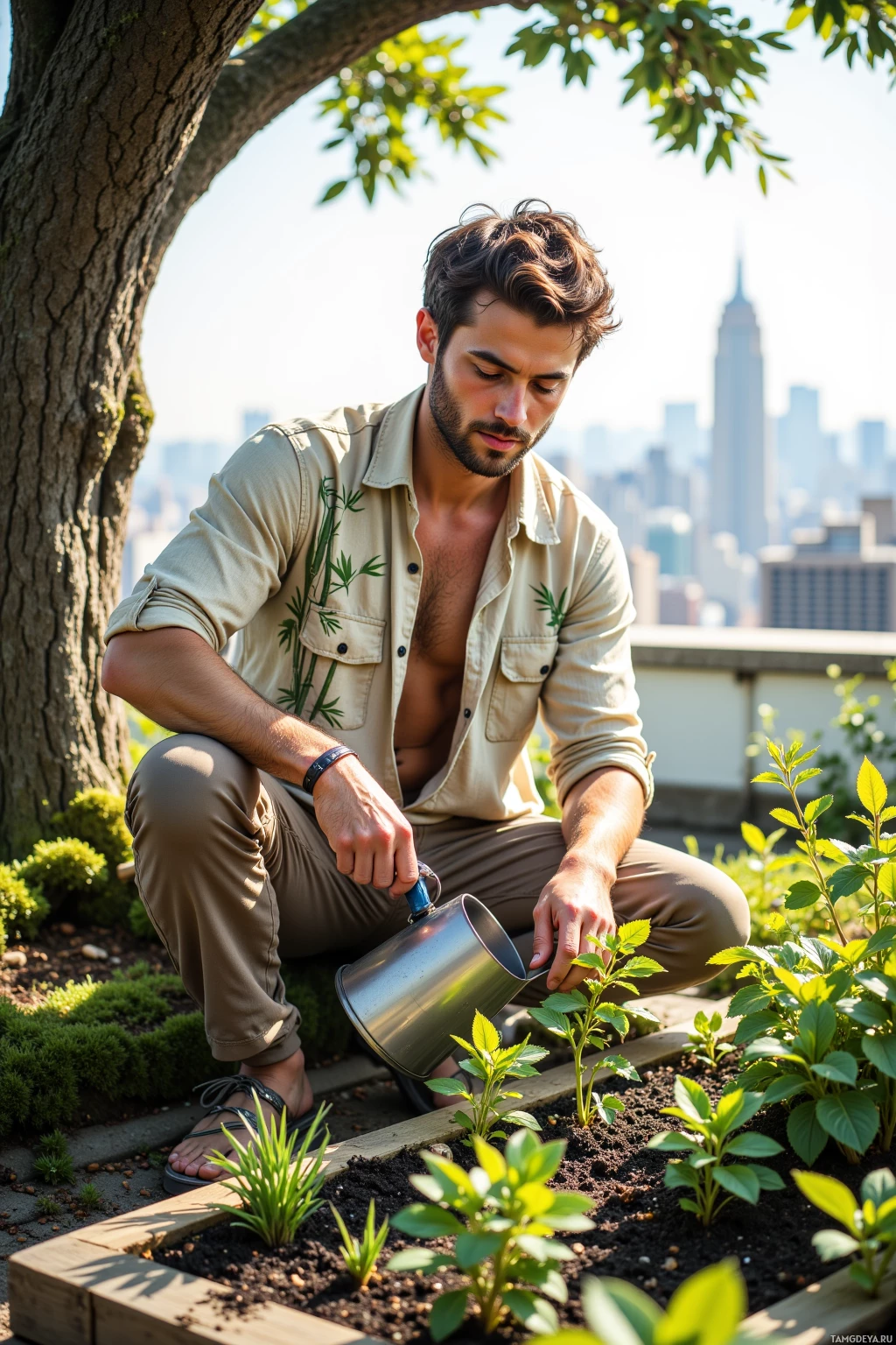 A man is watering plants in a garden with a city skyline in the background.