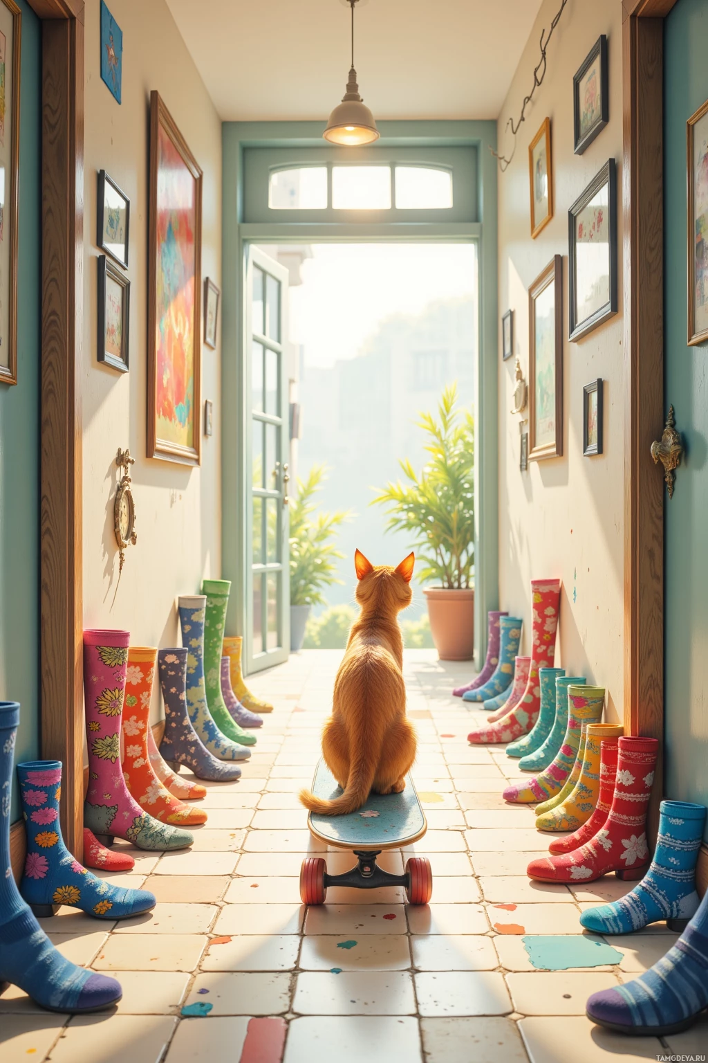 A dog sits on a skateboard in a hallway lined with colorful boots and framed pictures.
