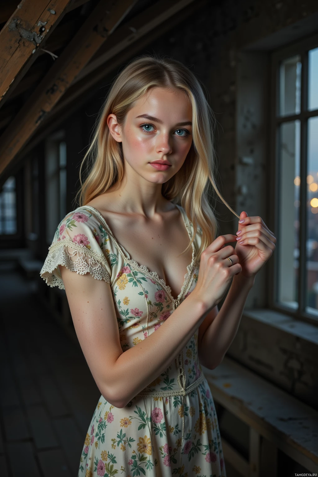 A woman in a floral dress stands in a dimly lit room with wooden beams and a window.