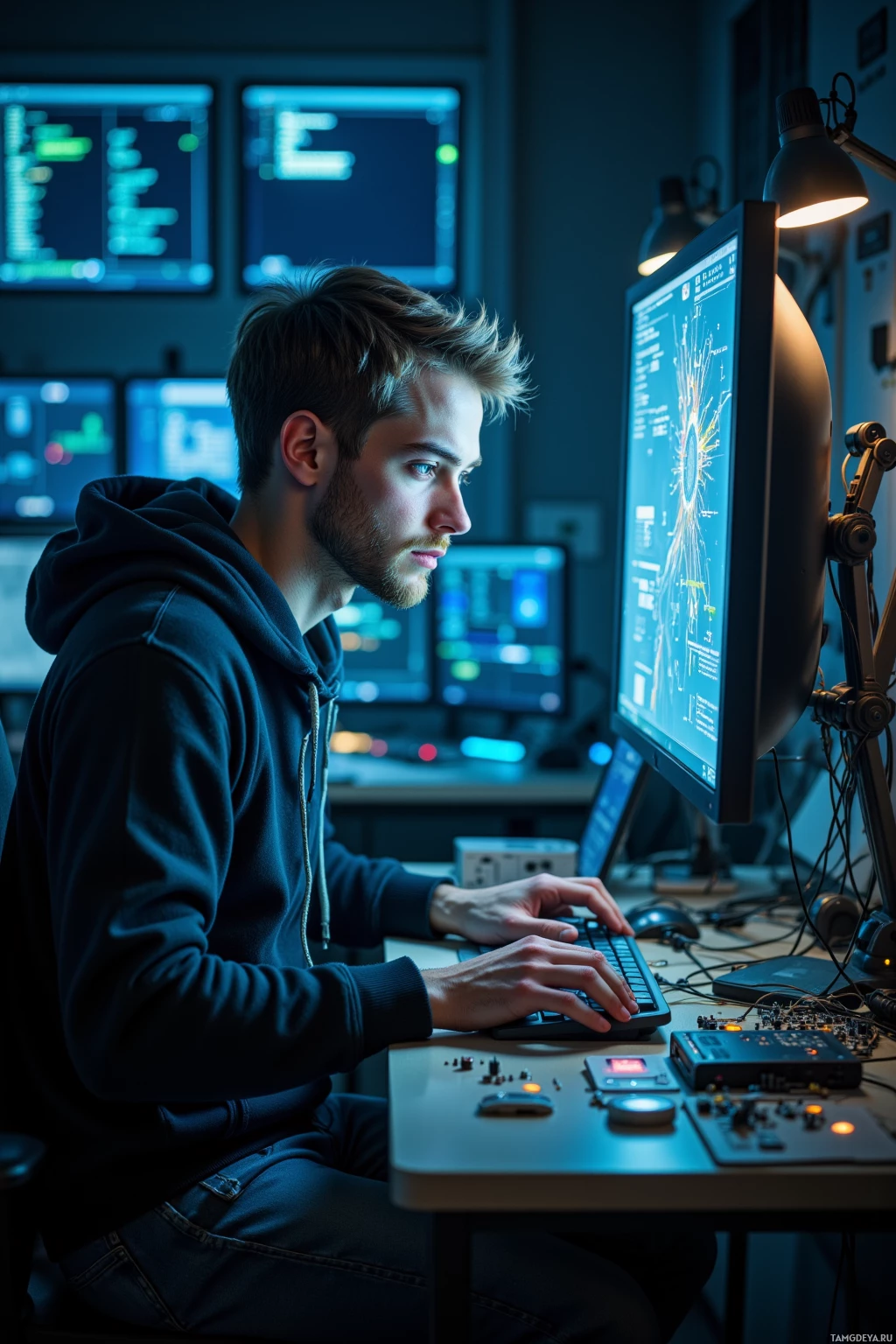 A person is working at a desk with multiple computer monitors displaying data.